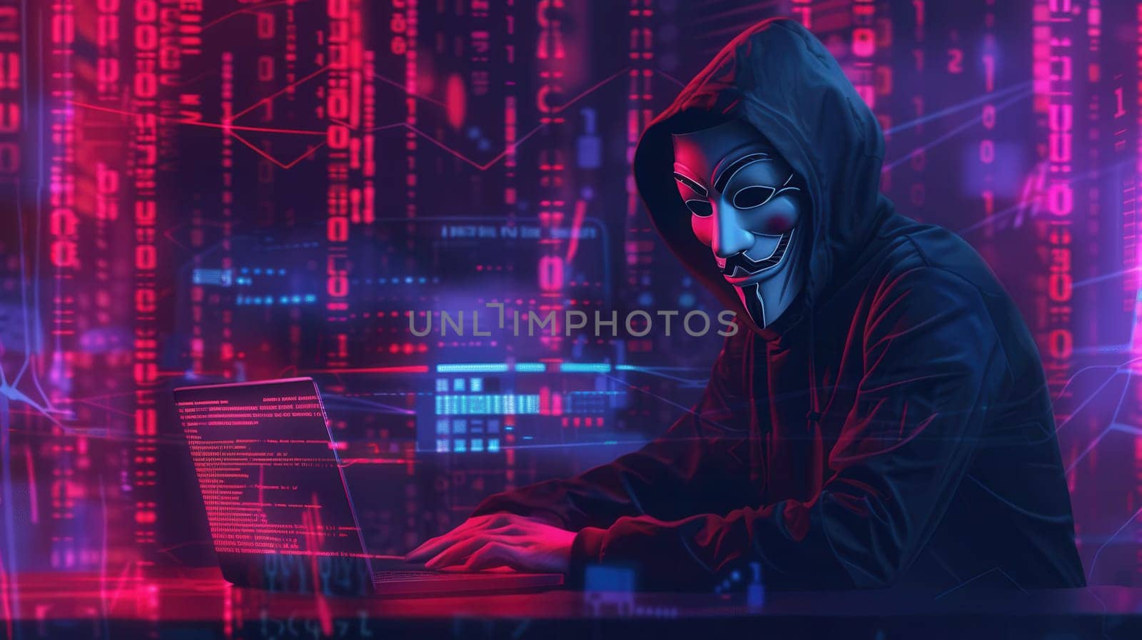A figure in a hooded sweatshirt and mask works intently on a laptop amid vibrant digital data and code projections.