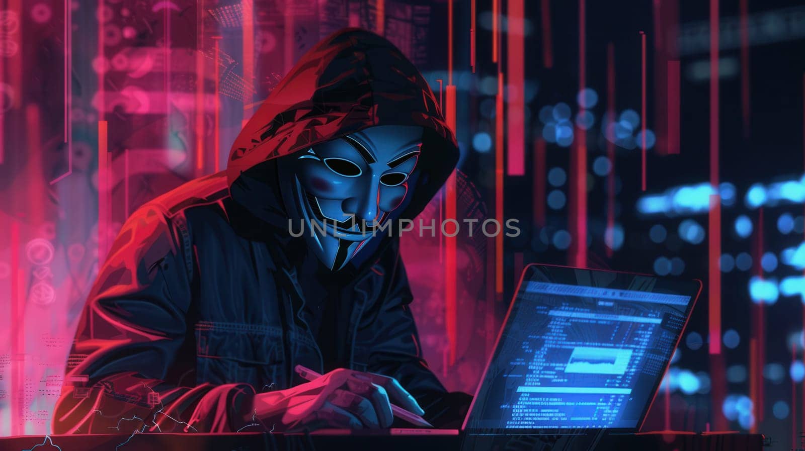 A hacker in a dark hoodie uses a laptop at night, illuminated by red and blue digital patterns in a vibrant urban setting.