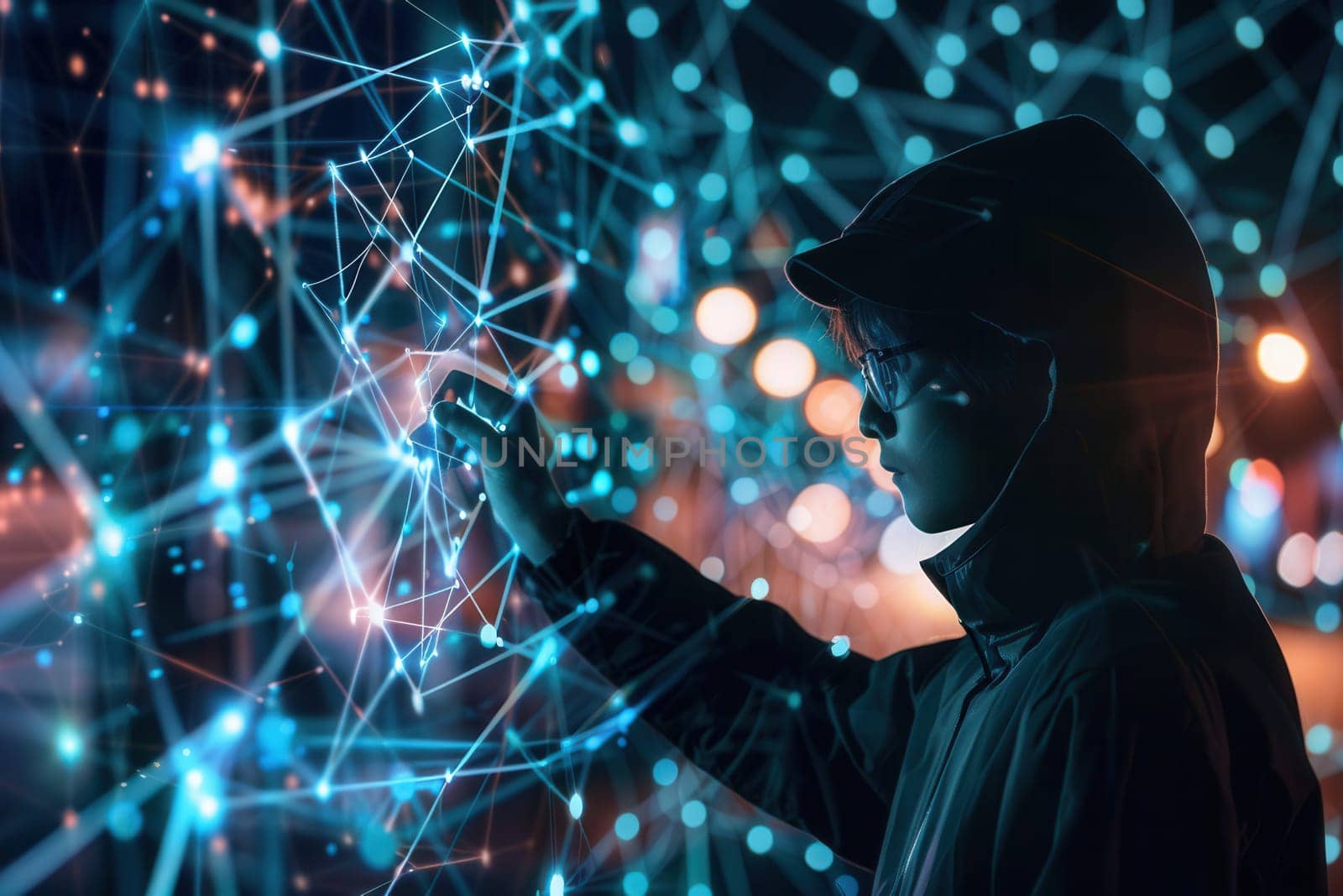 A young hacker interacts with a digital network display at night in an urban setting, showcasing advanced technology and cybersecurity skills.