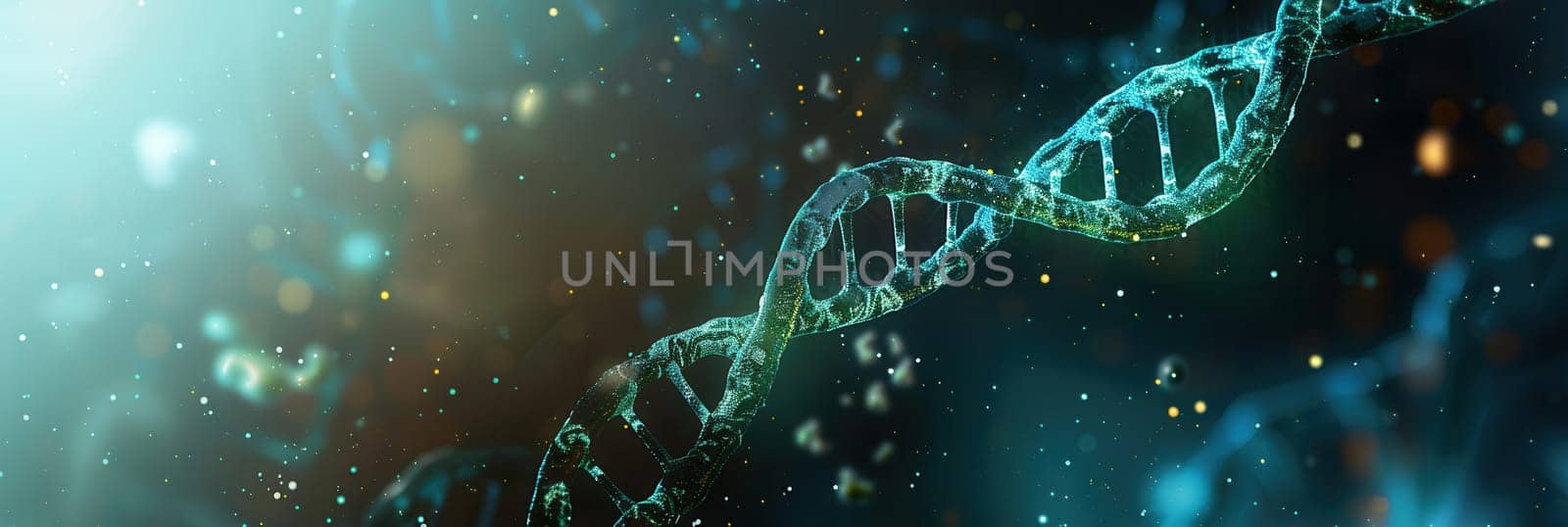 A vibrant abstract background showcases a detailed double helix structure of DNA, set against a captivating blend of colors and light.