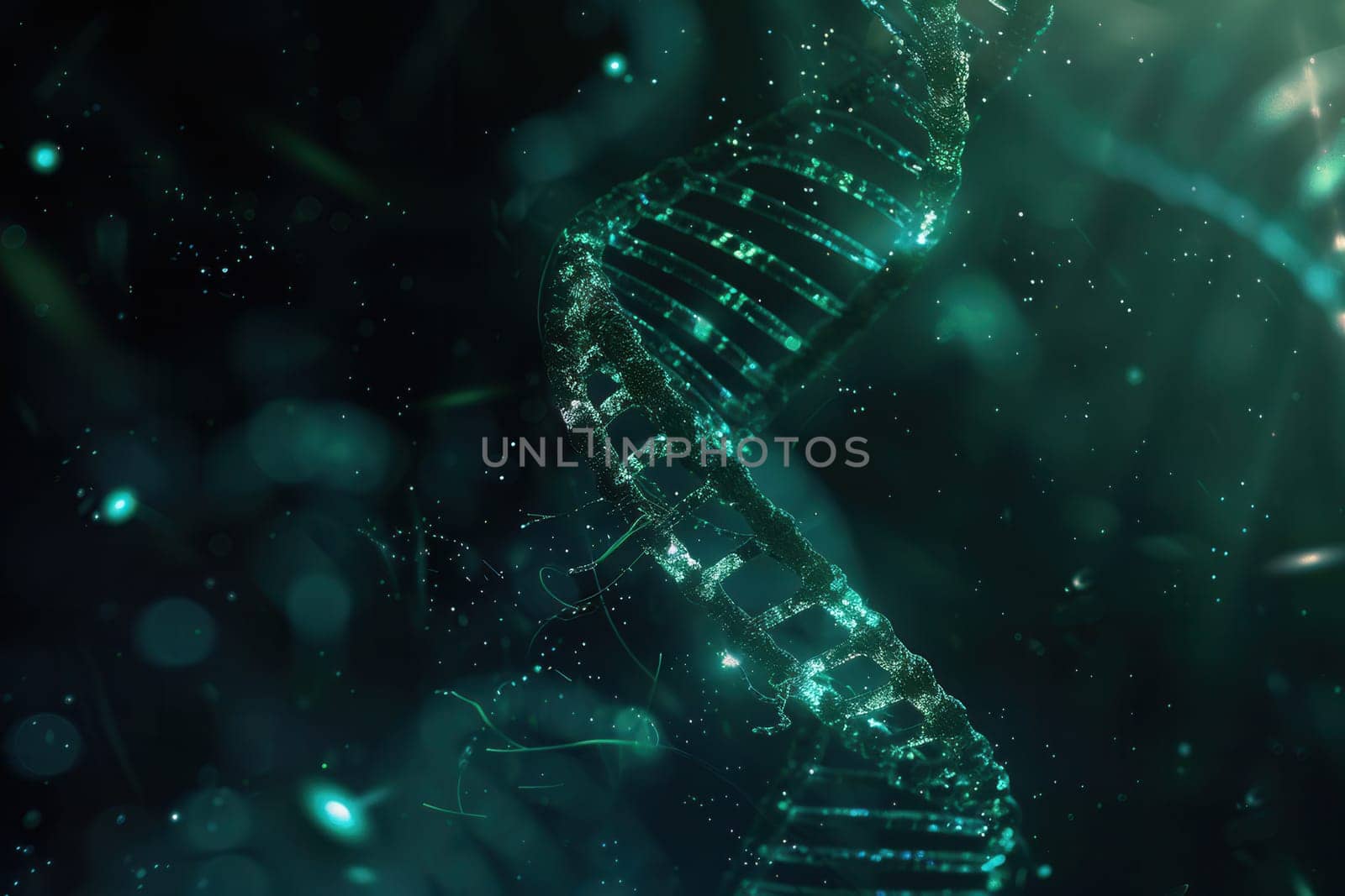 A stunning abstract backdrop showcases the intricate double helix structure of DNA surrounded by captivating colors and luminous particles.