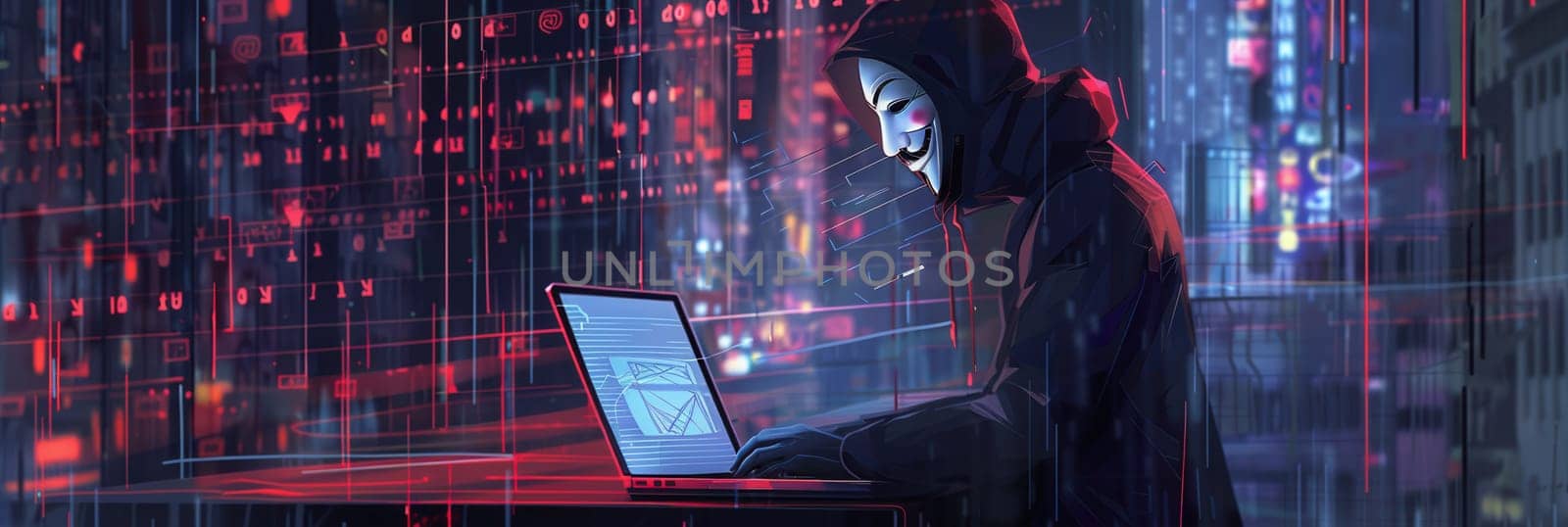 A hooded individual is intently working on a laptop, surrounded by flowing digital data in a vibrant, illuminated cityscape at night.