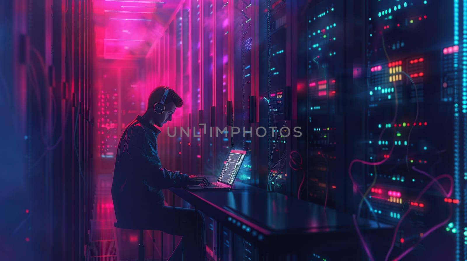 A hacker works intently on a laptop in a dimly lit server room illuminated by colorful neon lights, surrounded by rows of servers.