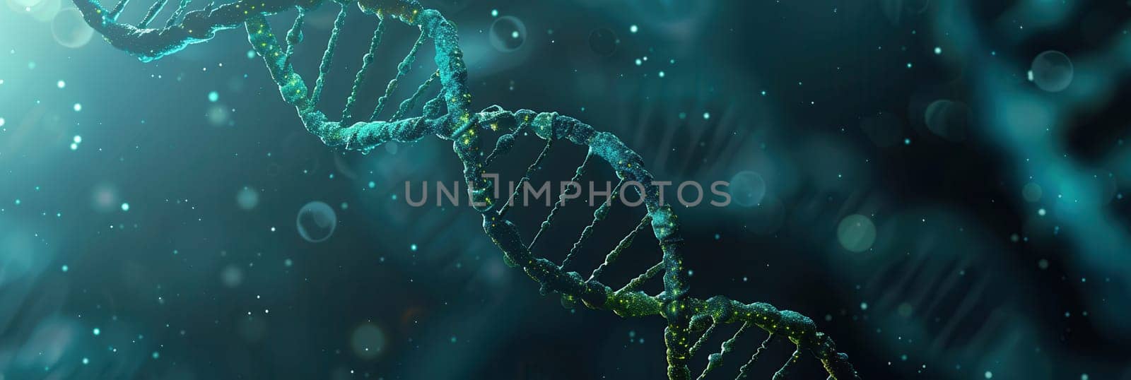 An abstract representation highlighting the intricate double helix structure of DNA against a dark background filled with shimmering particles.