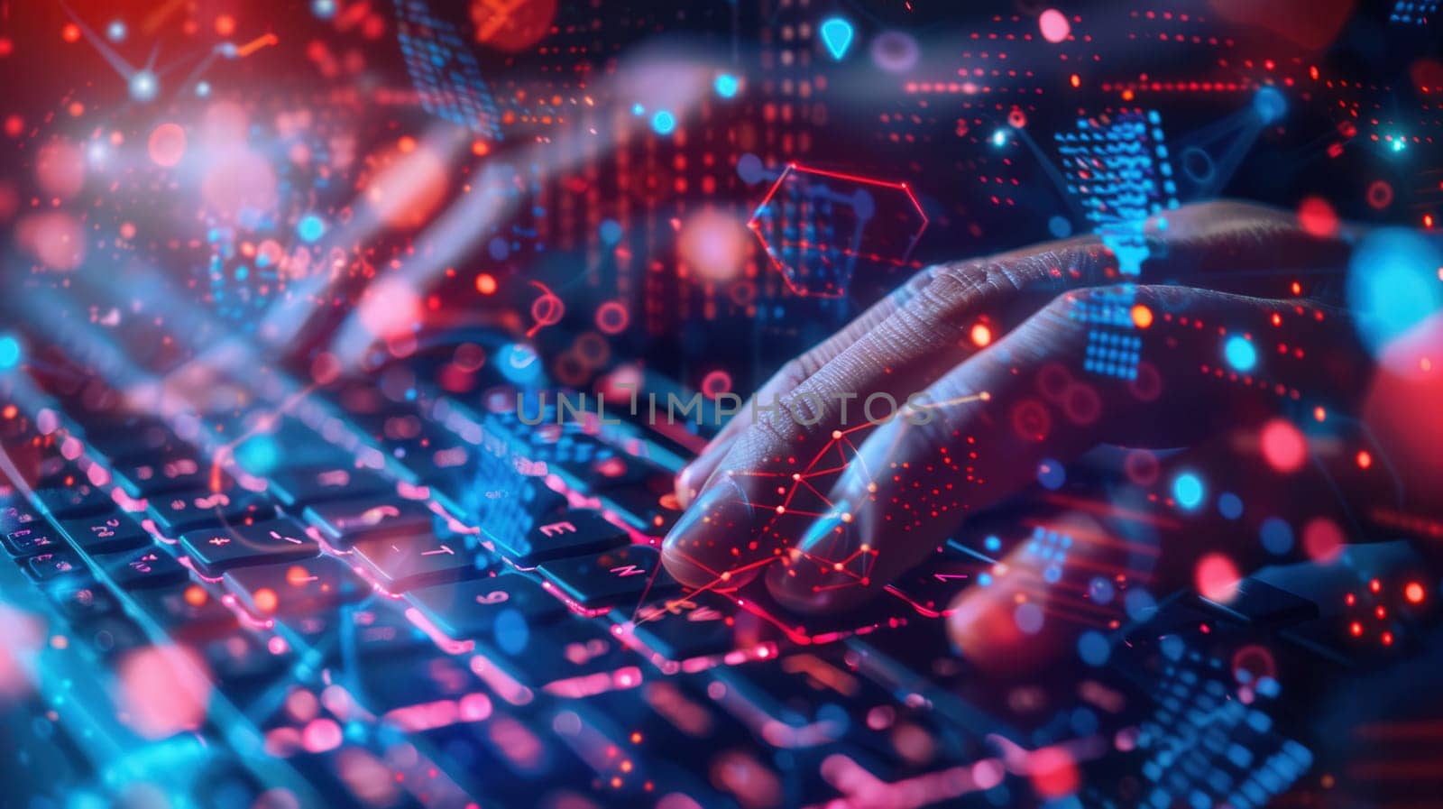 A hacker types intently on a keyboard, surrounded by a vibrant overlay of digital symbols and codes, highlighting a high-tech atmosphere.