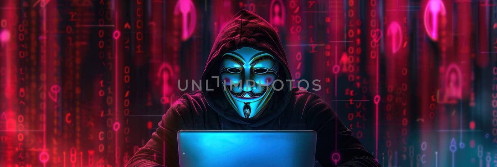 A cloaked figure focuses intently on a laptop, illuminated by a blue glow while surrounded by vibrant digital symbols in a dark environment.