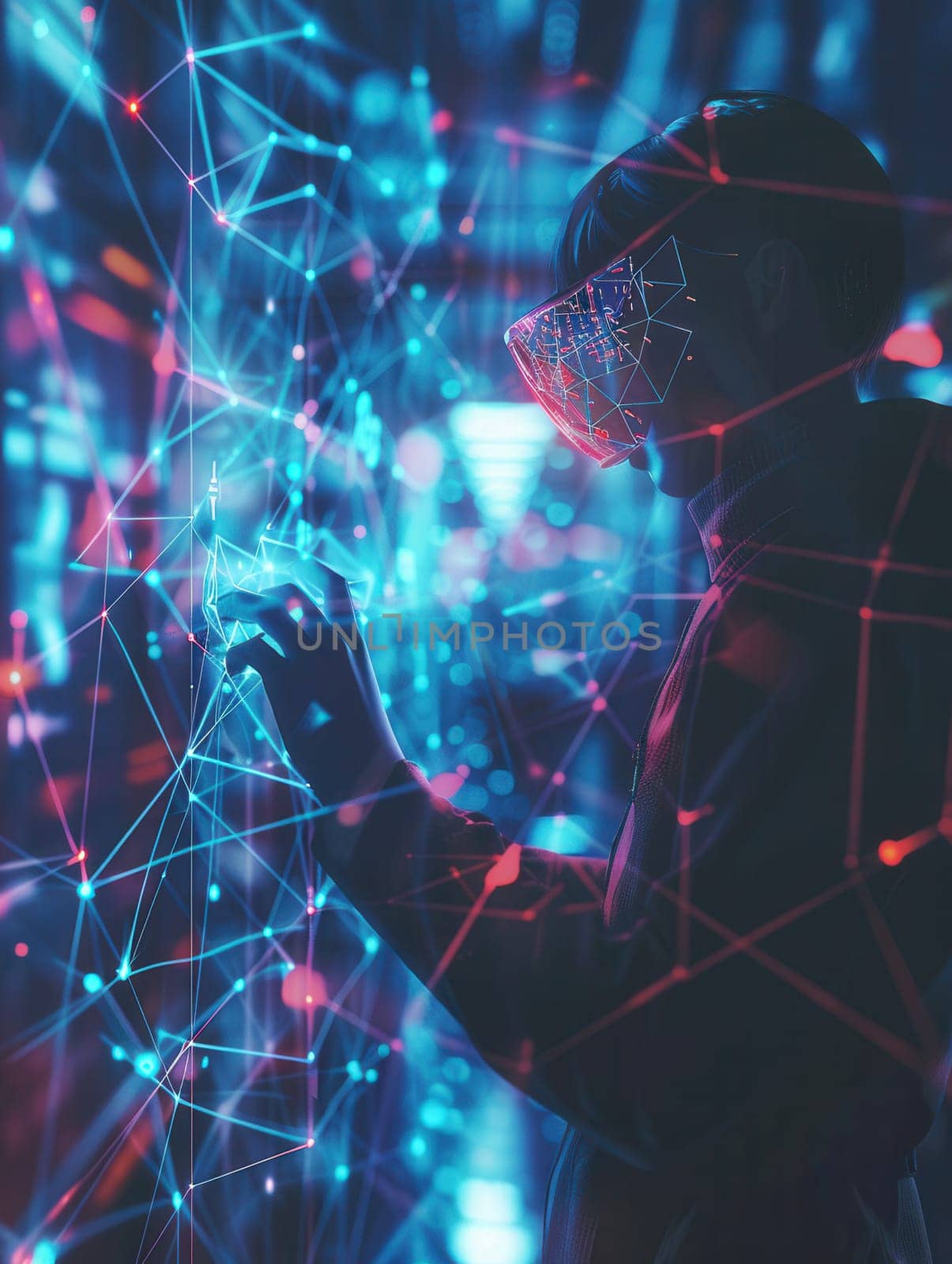 A hacker interacts with vibrant digital network visualizations while wearing a virtual reality headset, immersed in a futuristic environment.