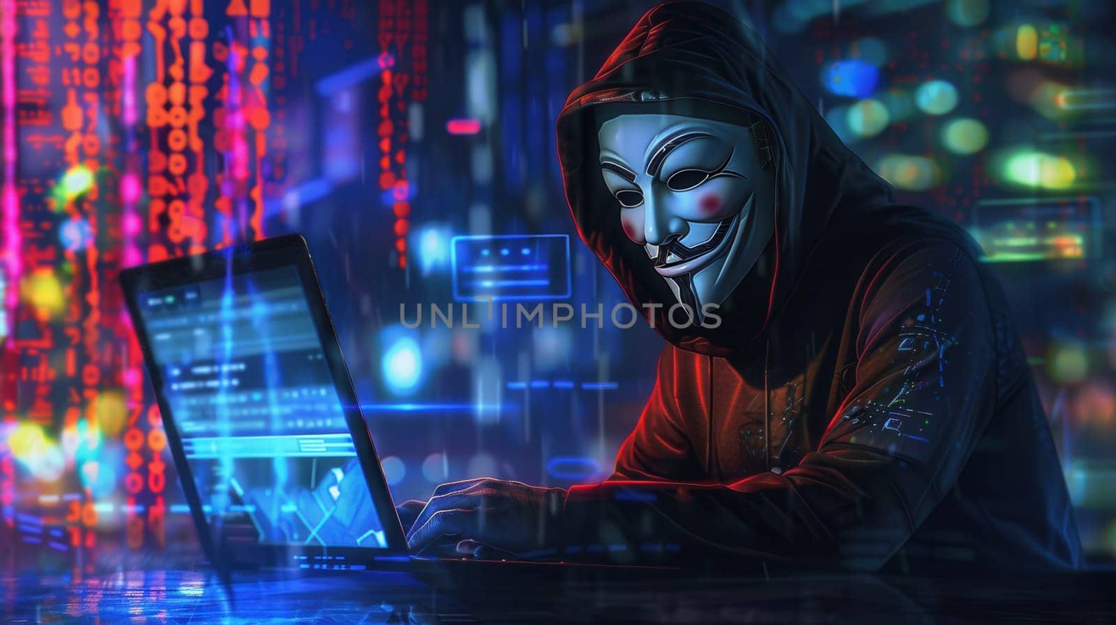 A person in a mask types on a laptop surrounded by bright, colorful codes in a dimly lit environment at night.