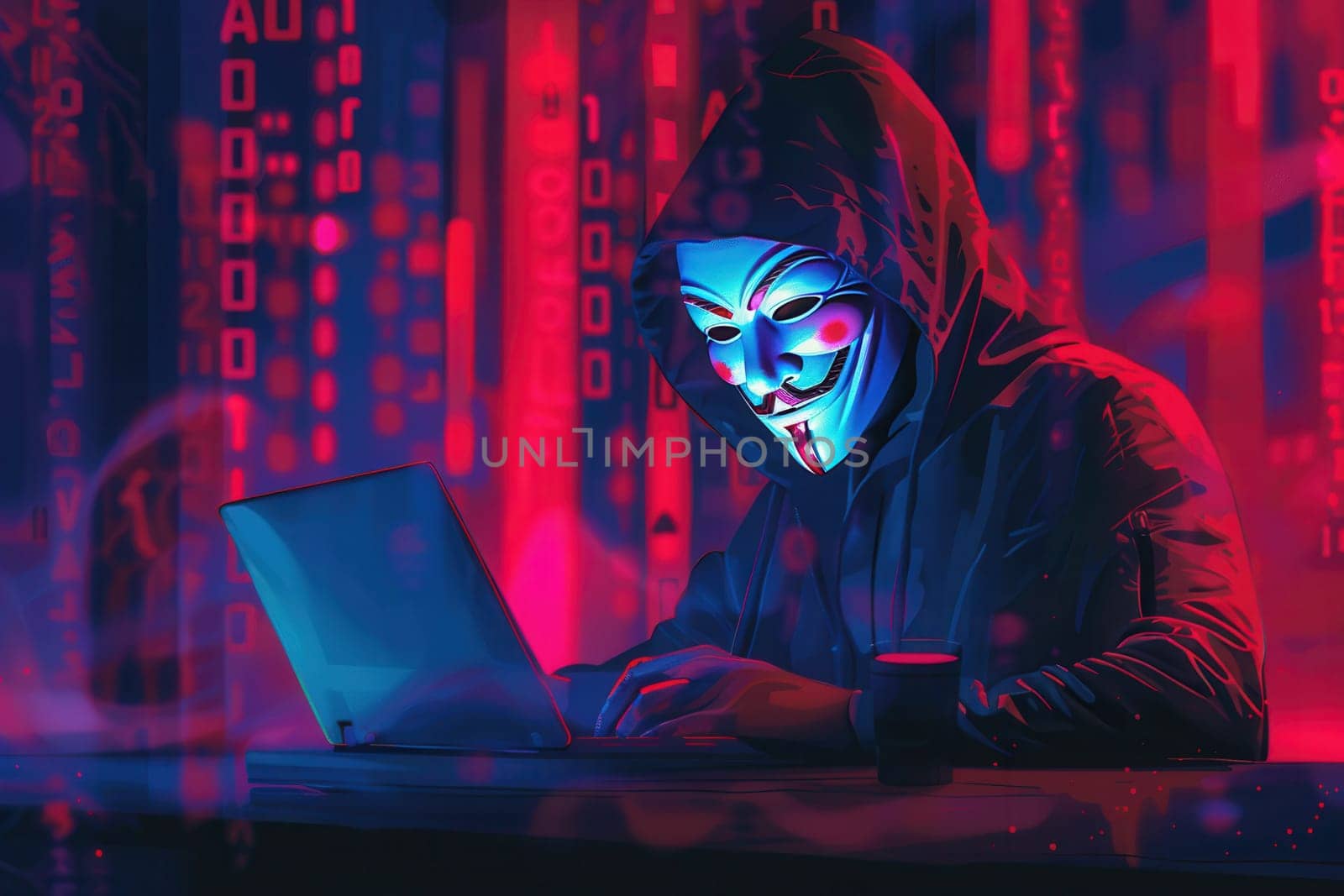 A hooded figure wearing a mask types intently on a laptop, surrounded by vibrant streams of digital code in a dark setting.