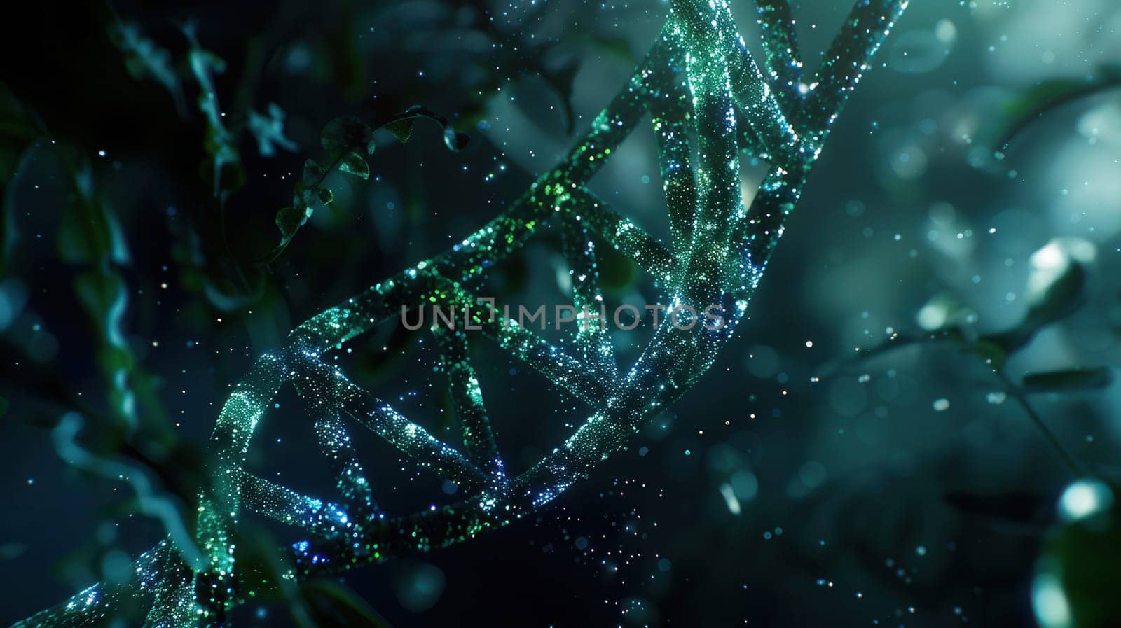 A captivating representation of a DNA double helix structure against an abstract, ethereal background filled with shimmering lights.