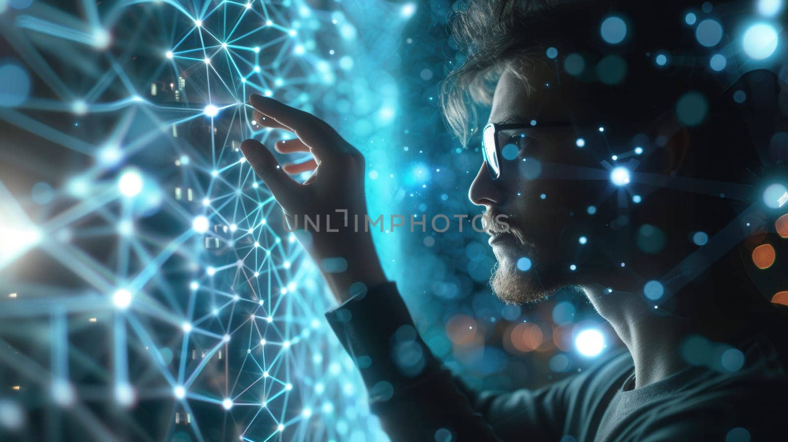 A hacker concentrates while interacting with a glowing network display in a dimly lit environment, showcasing advanced technology and intrigue.