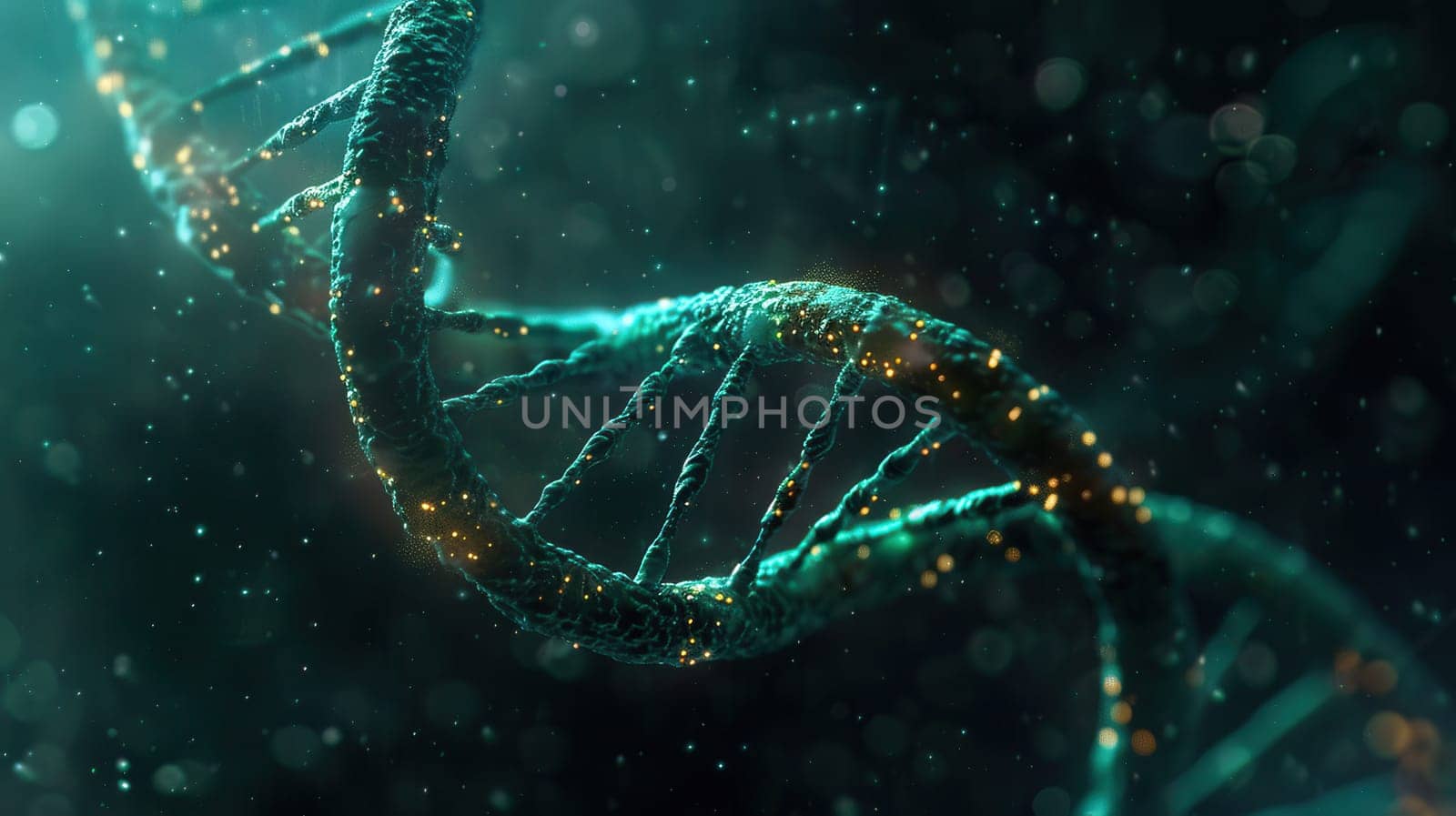 An abstract double helix structure of DNA glistens in a captivating interplay of blue and green light, creating a mesmerizing and scientific visual effect.