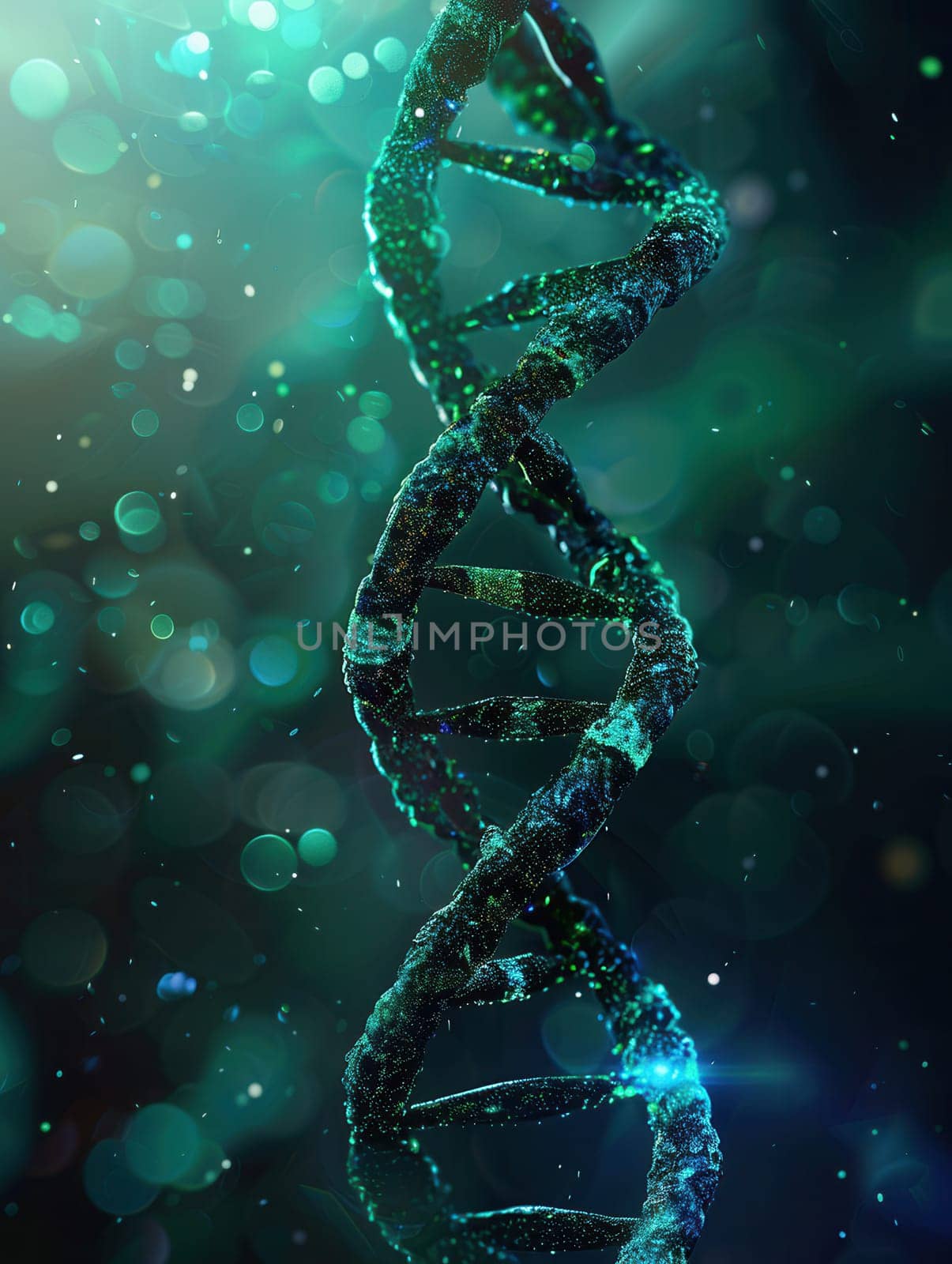 A vivid double helix structure of DNA emerges from a swirling abstract background of blue and green colors, highlighting scientific beauty and complexity.