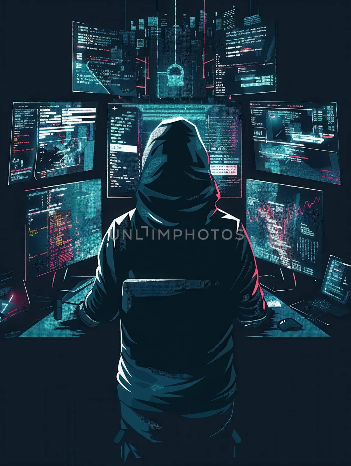 A person in a hoodie analyzes complex data on various computer screens while focusing on hacking tasks in a dimly lit room.