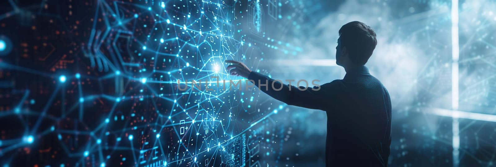 A hacker interacts with a glowing digital interface, analyzing complex data while immersed in a futuristic environment filled with visual elements.