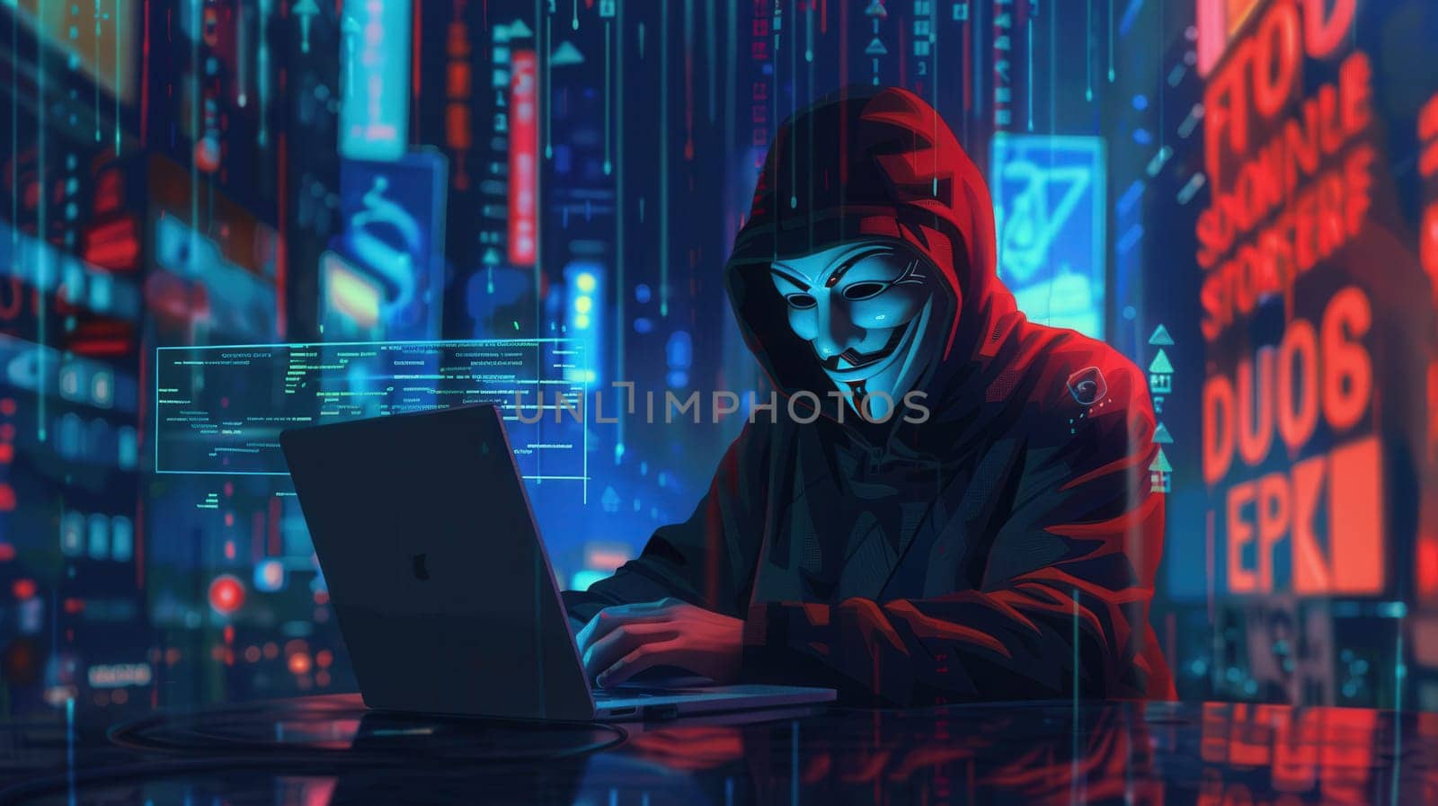 A hooded figure intently types on a laptop amid neon lights, embodying the essence of modern cyber activity during nighttime.