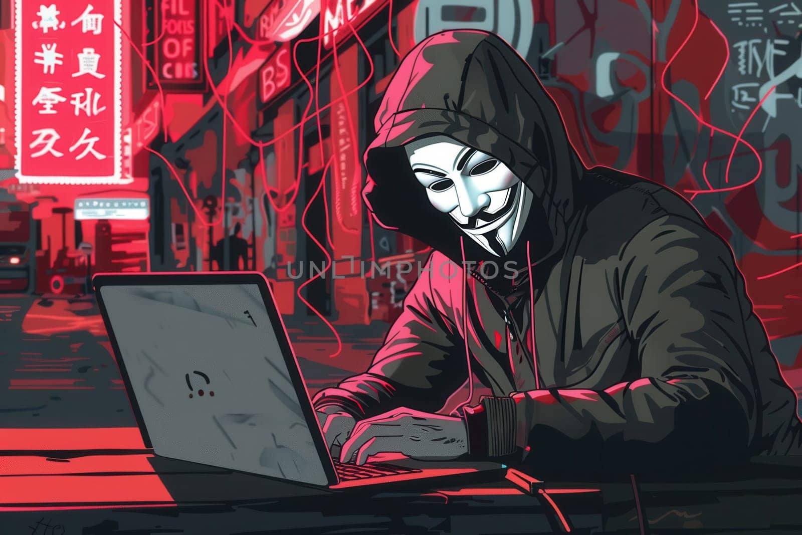 A hooded individual focused on a laptop in a vibrant urban alley, embodying the essence of cyber activity under neon lights.