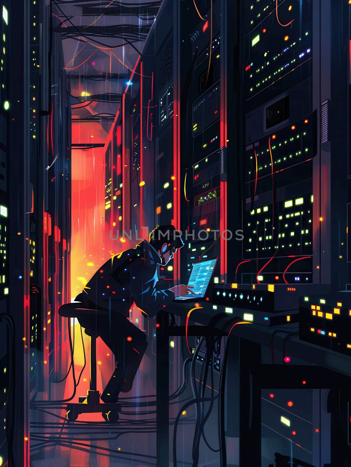 A hacker works intently at a laptop amid glowing server racks, manipulating data in a dimly lit, high-tech environment.