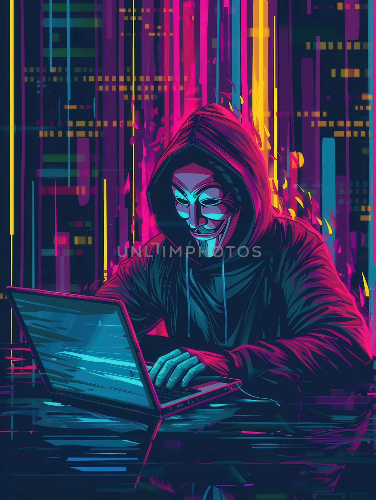 A hacker is intently working on a laptop, surrounded by vibrant neon graphics, immersed in the world of cyber activities at night.