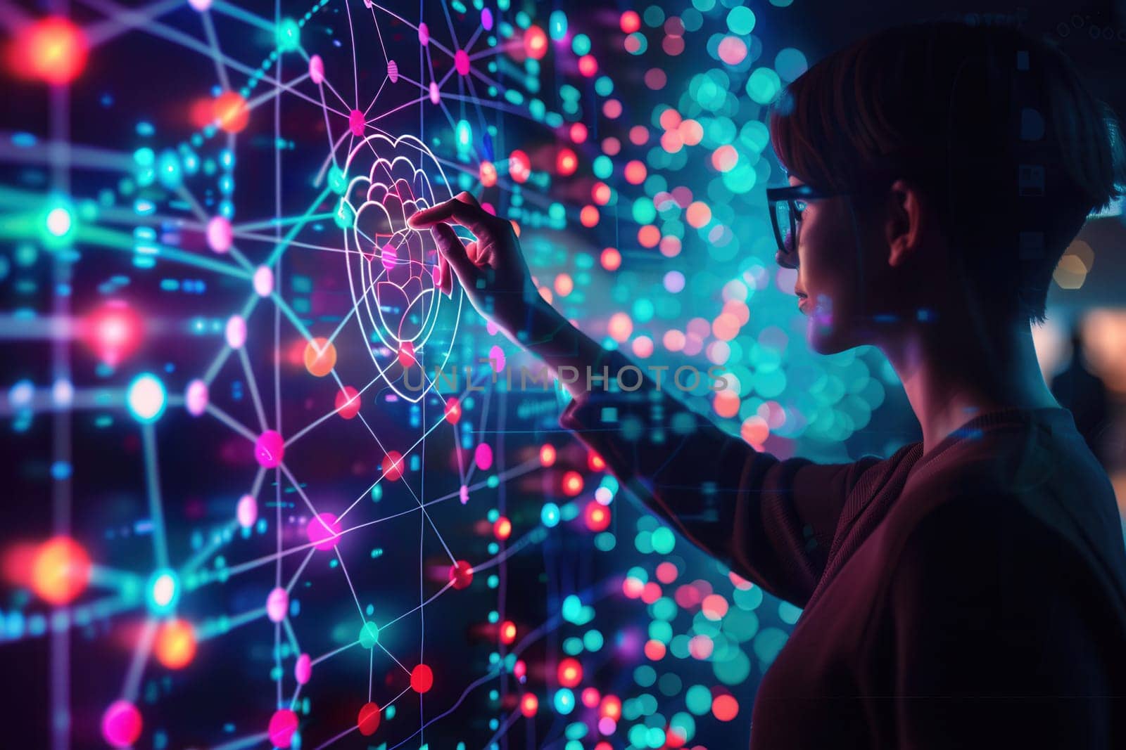 A hacker interacts with vibrant, colorful data visualizations, analyzing complex networks and algorithms in a dark, high-tech environment.