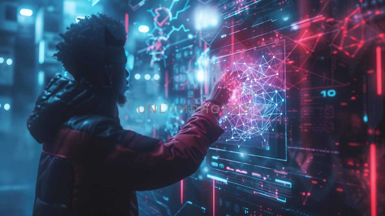 A hacker interacts with a vibrant digital interface, manipulating data and visuals in a high-tech urban setting under neon lights.