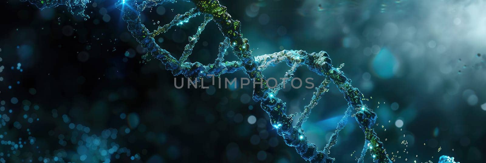A mesmerizing depiction of a double helix structure of DNA illuminated by vibrant blue and green elements amidst an abstract underwater backdrop.