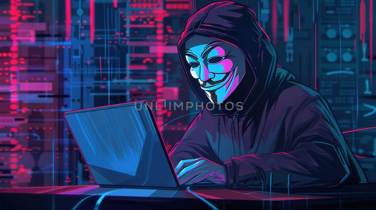 A hooded figure operates a laptop in a dimly lit room filled with digital displays, focused on their task in an enigmatic atmosphere.