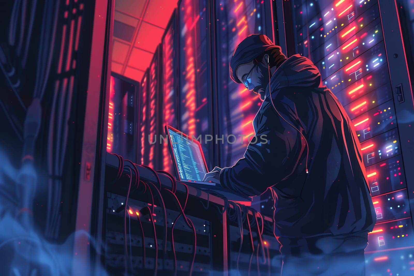 A hacker works diligently on a laptop, surrounded by vibrant server lights in a dimly lit data center, late at night.