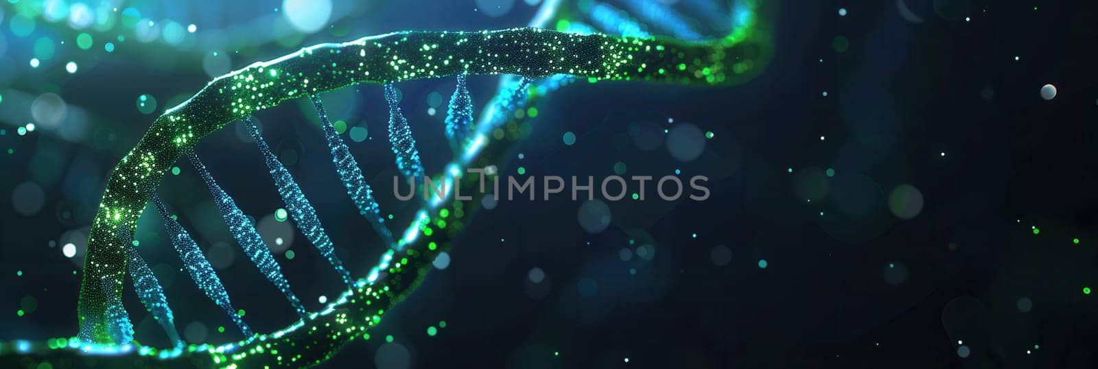 An abstract background showcases a double helix DNA structure illuminated by glowing particles against a dark backdrop.