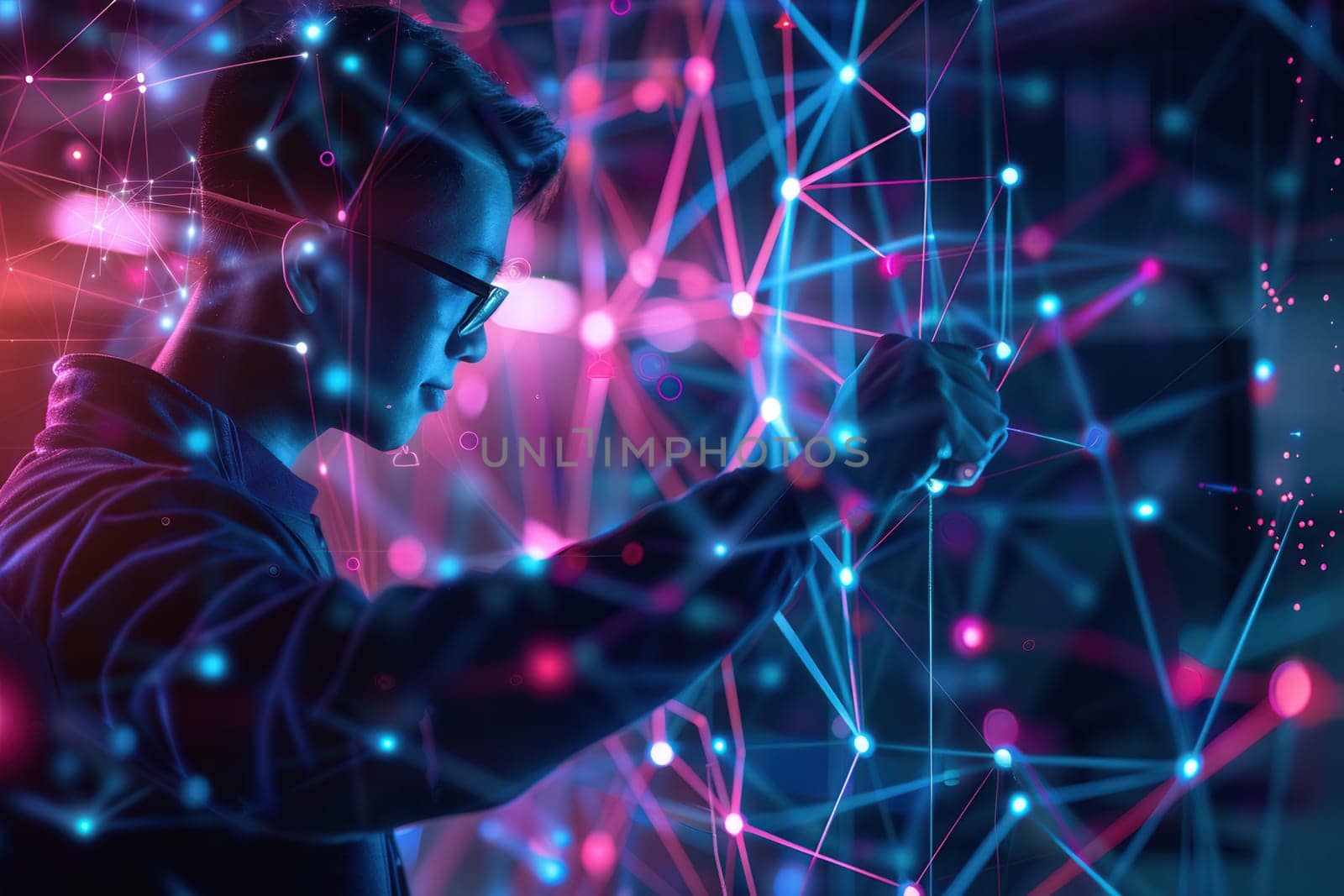 A hacker intently works with intricate digital connections in a vibrant, high-tech setting, highlighting the blend of technology and modern cybersecurity.