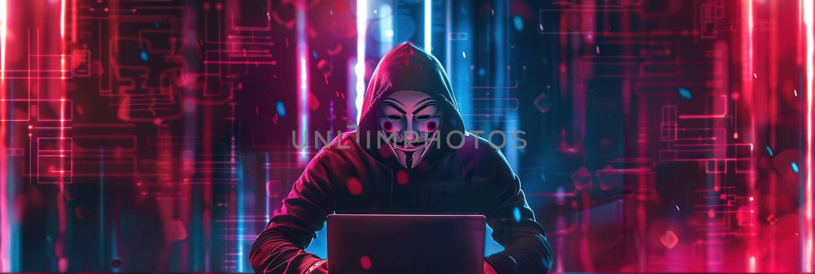 A person in a mask works intently on a laptop, illuminated by vibrant lights and digital graphics in a dark setting during the nighttime hours.
