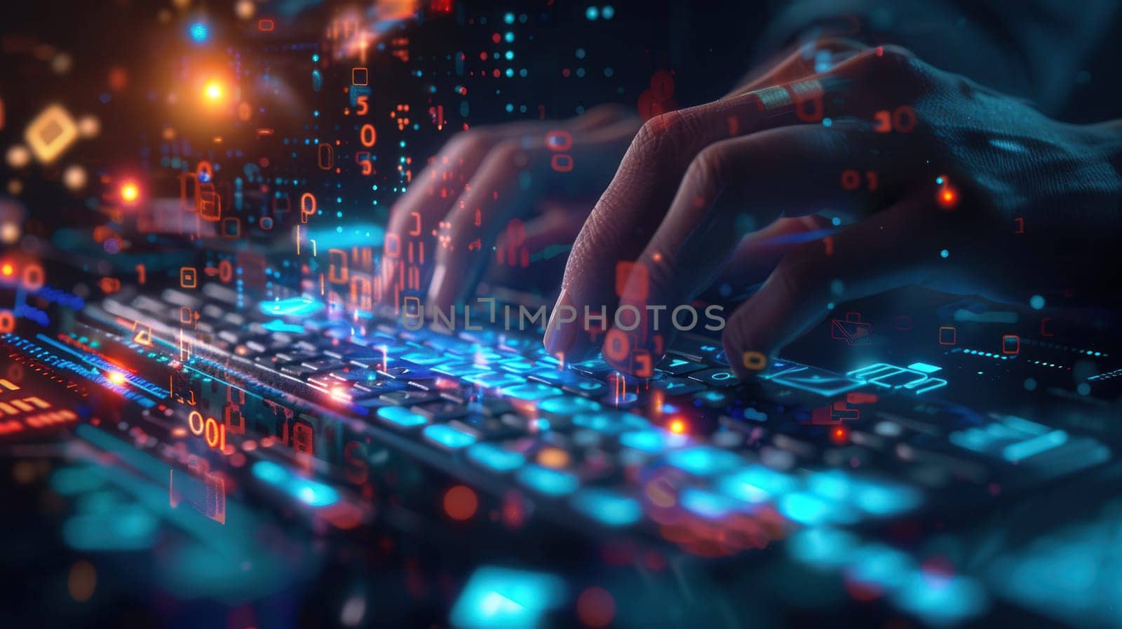 A hacker types quickly on a keyboard, with glowing digital codes and symbols floating around, creating an intense and focused environment.