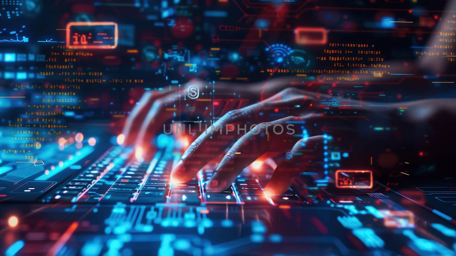 Hacker's hands type swiftly on a keyboard, creating a flurry of digital symbols and codes in a dimly lit setting, reflecting high-tech cybersecurity activities.