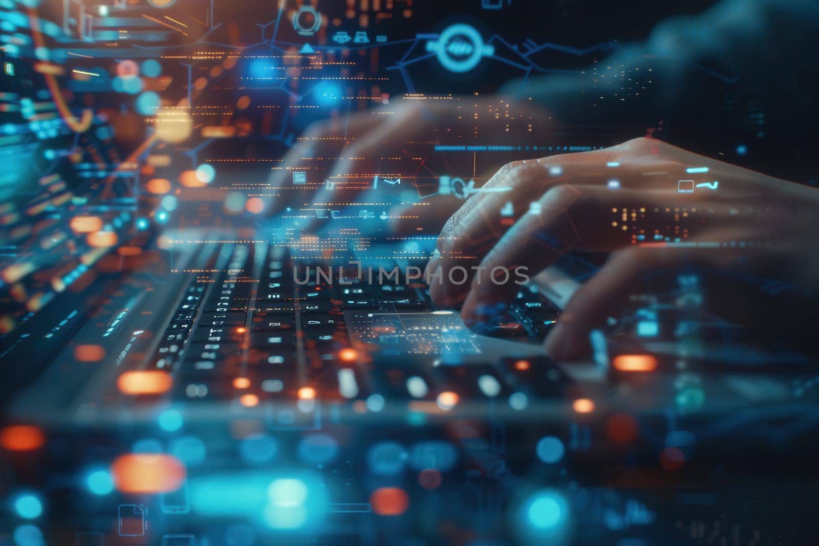 A hacker's hands move swiftly across the keyboard, surrounded by glowing digital symbols and coding elements that convey a sense of high-tech activity.