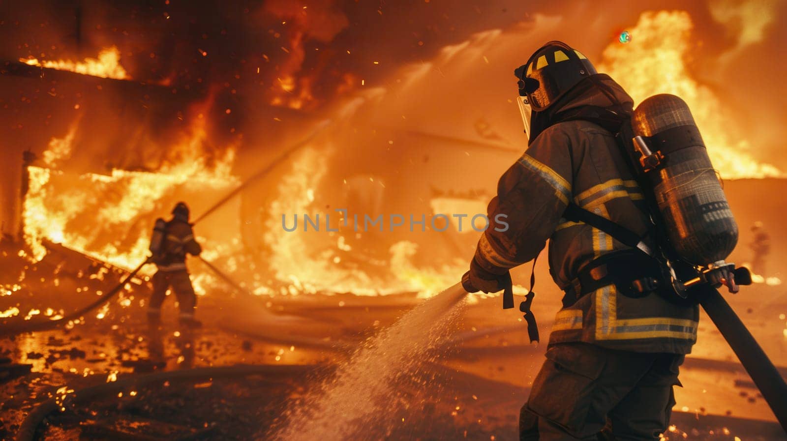 Firefighters combat a fierce blaze, using hoses to douse flames engulfing multiple buildings in a dramatic night fire.