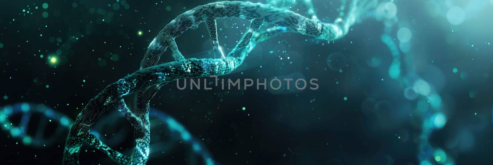 A vibrant double helix DNA structure swirls against an abstract backdrop, illuminated by soft glowing effects and scattered sparkling particles.