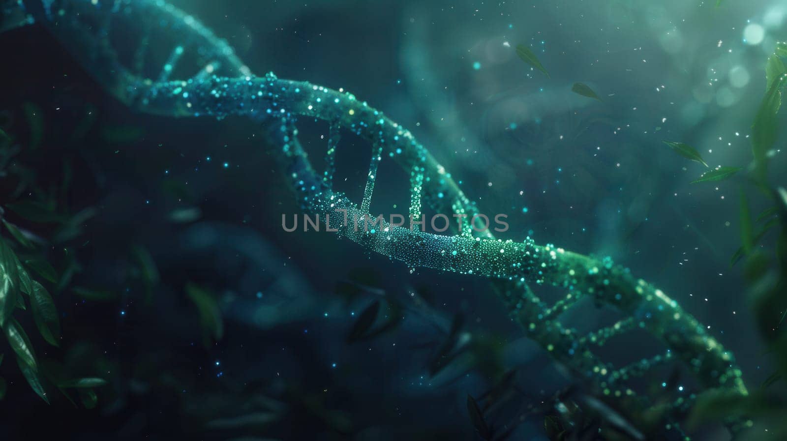 An abstract depiction showcases a glowing double helix DNA structure surrounded by a serene underwater ambiance filled with soft light.