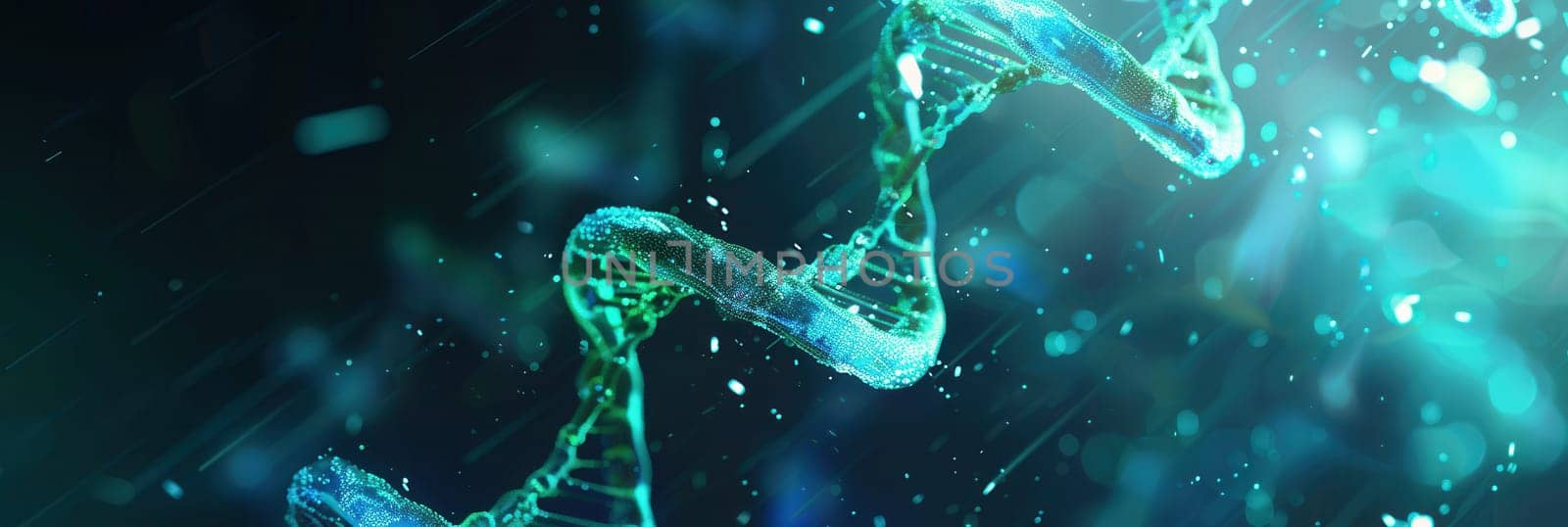 An abstract depiction of a double helix DNA structure illuminated by glowing particles in a captivating, colorful setting.
