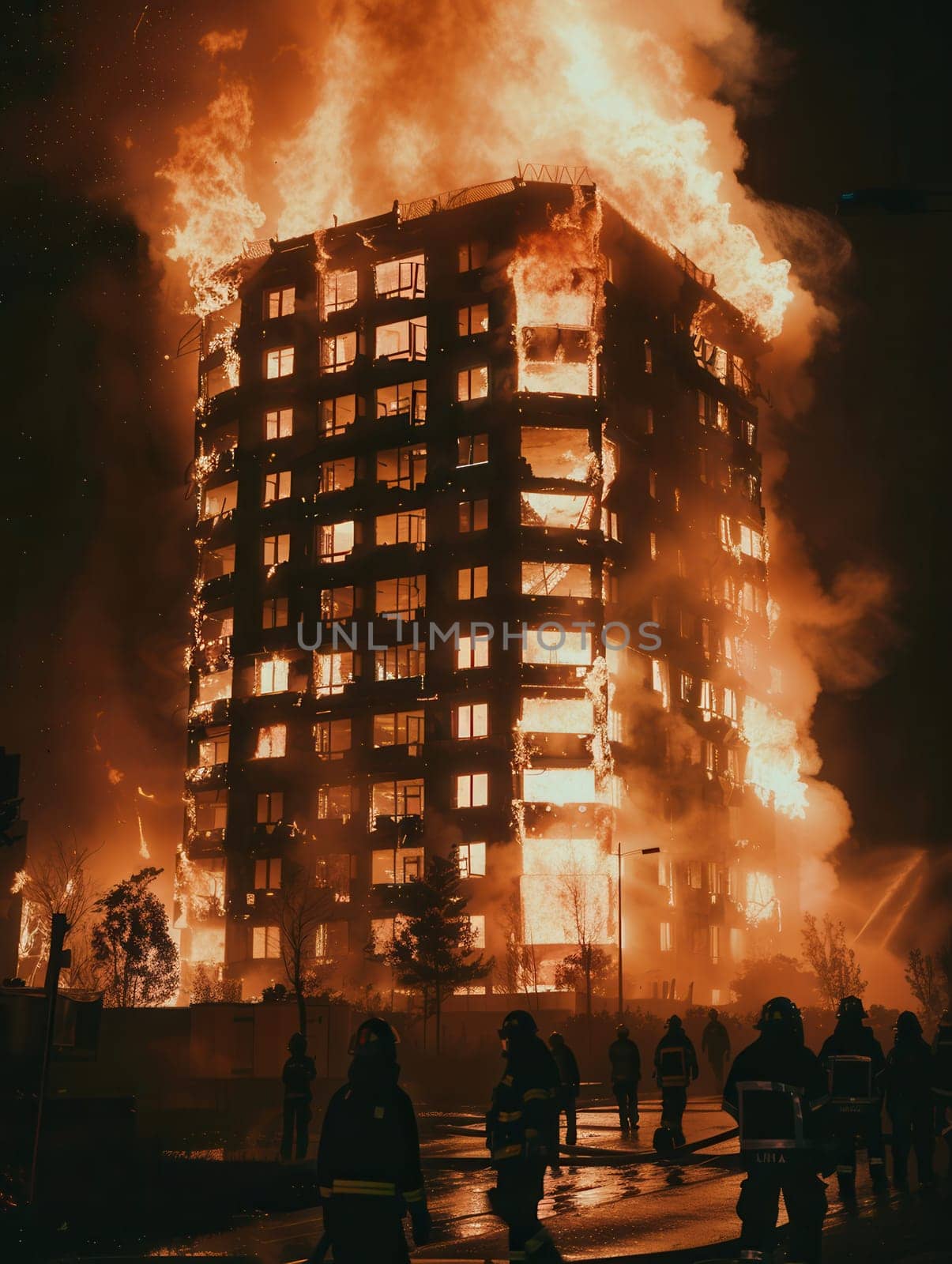 Firefighters are combating a fierce blaze in a multi-story building, with flames engulfing nearby structures during a nighttime emergency response.