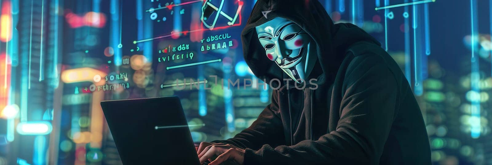 A hacker is focused on their laptop, surrounded by neon lights and digital graphics, in an urban setting at night.