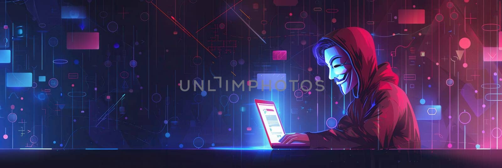A hooded figure types intently on a laptop, shrouded in darkness, surrounded by glowing digital elements, immersed in the world of hacking.