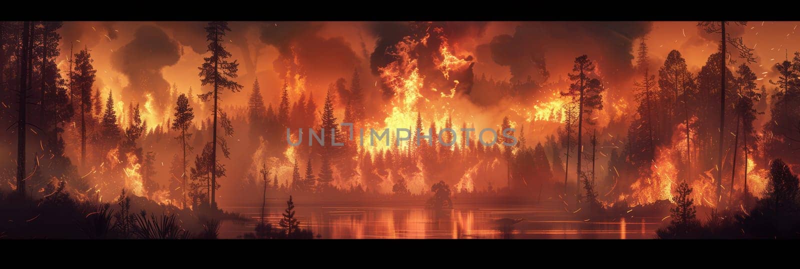 Flames ravage a dense forest as smoke billows into the air, creating an ominous backdrop against the darkening sky.