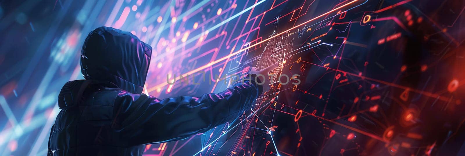 A hacker interacts with complex digital displays, methodically inputting commands in a dark environment filled with glowing graphics.