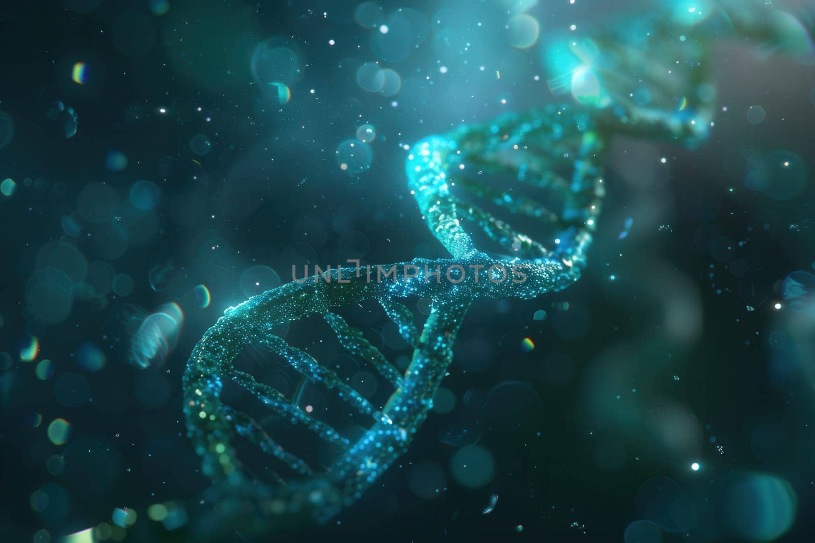 An abstract design illustrates a glowing double helix DNA structure with shimmering particles in a captivating array of colors.