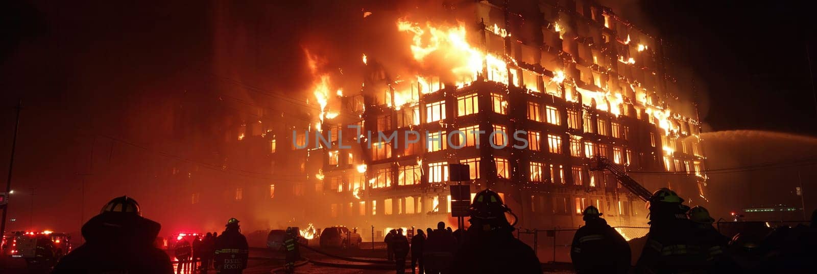 Firefighters work tirelessly to extinguish a raging fire engulfing a tall building, amidst flames and smoke rising from nearby structures.