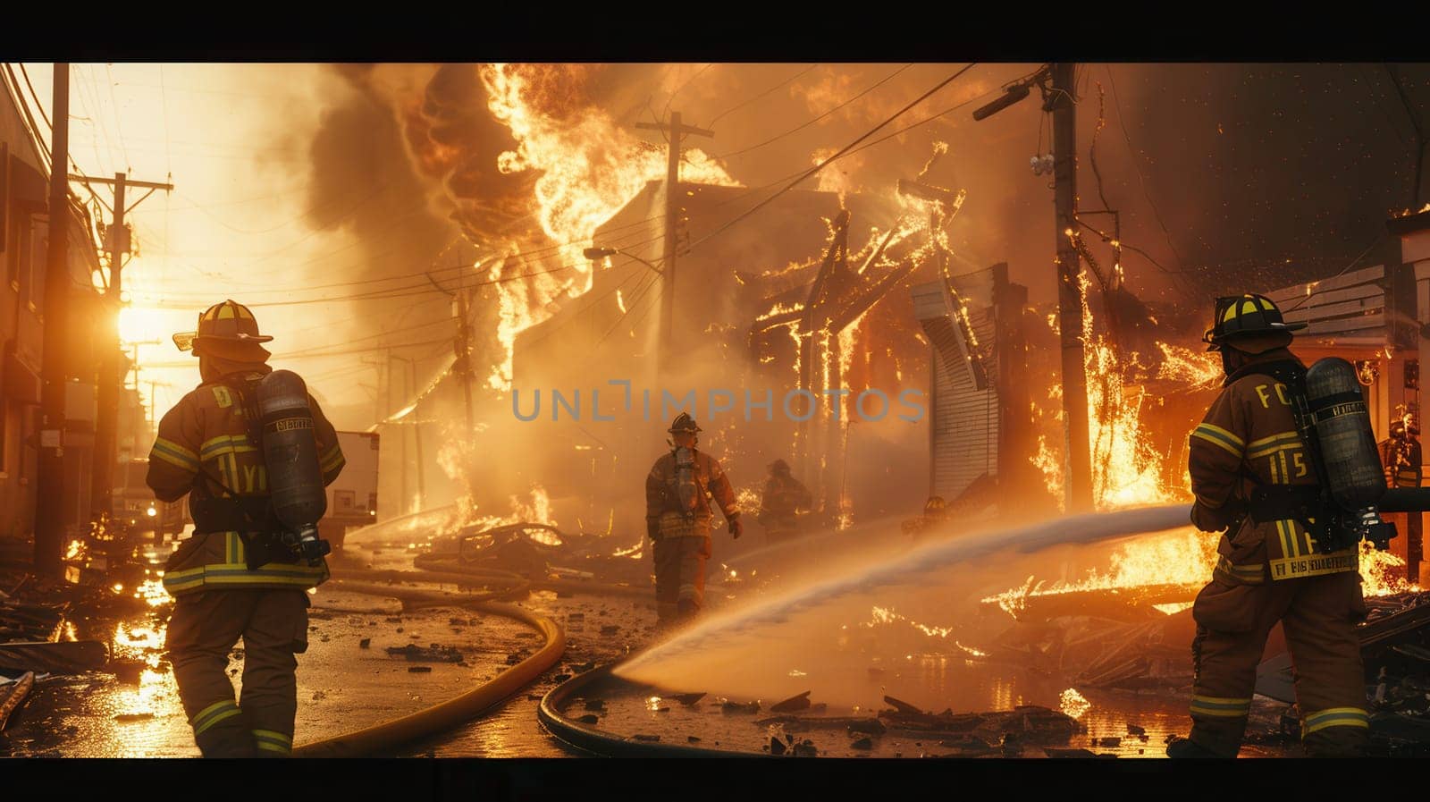 Firefighters work diligently to extinguish flames consuming a multi-story building amidst intense heat and smoke from neighboring structures.
