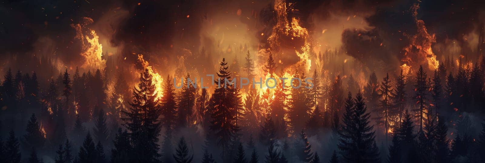 Bright flames engulf the forest as smoke and ash billow into the air, creating a dramatic and destructive landscape.