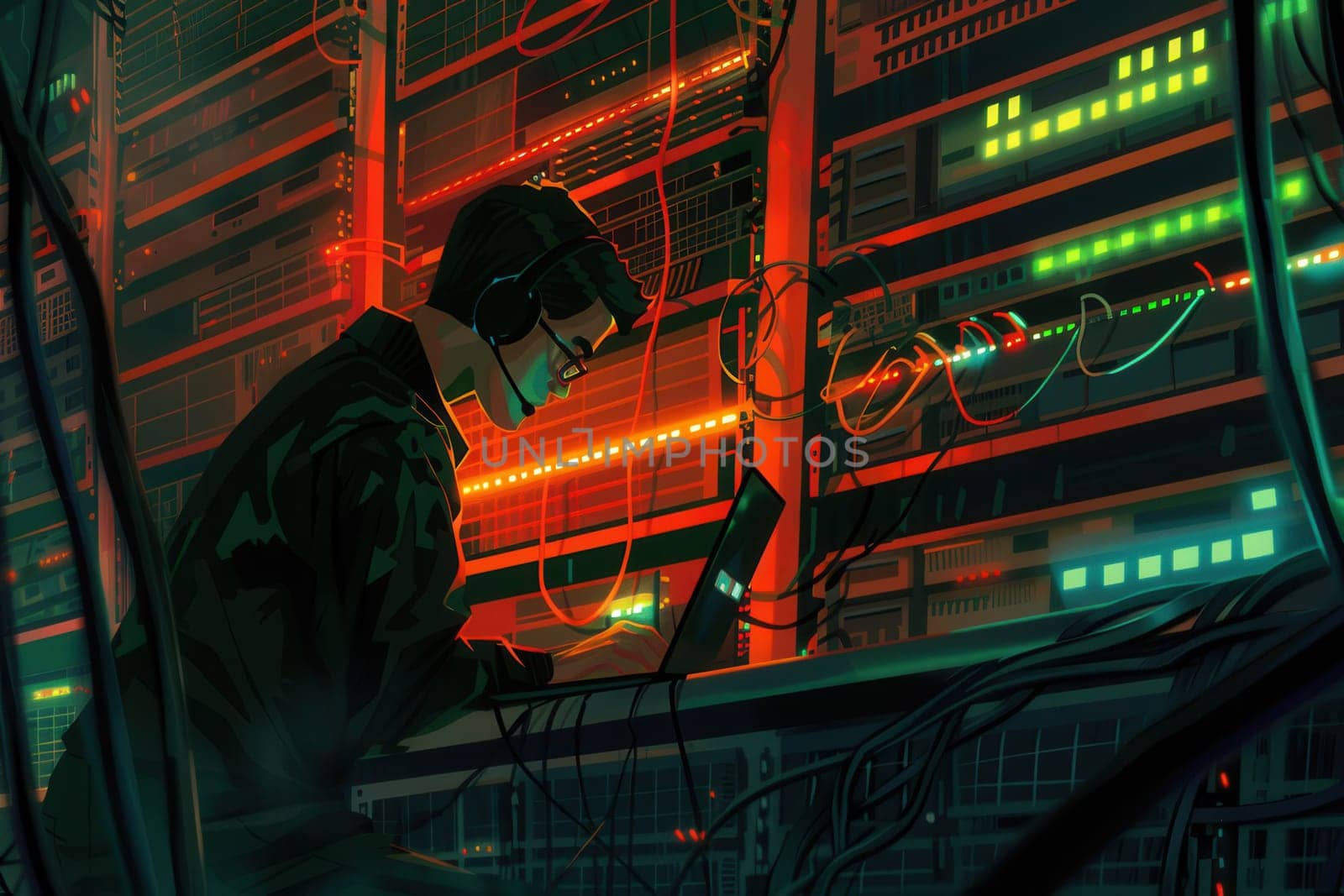A hacker is focused on his laptop while surrounded by glowing servers and tangled cables in a dimly lit server room.