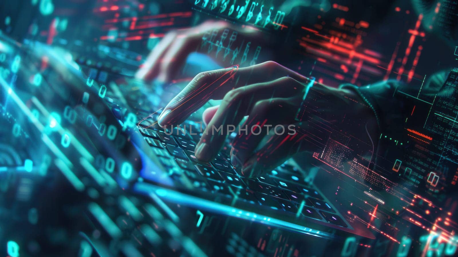 A hacker is actively typing on a keyboard, surrounded by flowing digital symbols and codes in a dimly lit environment.