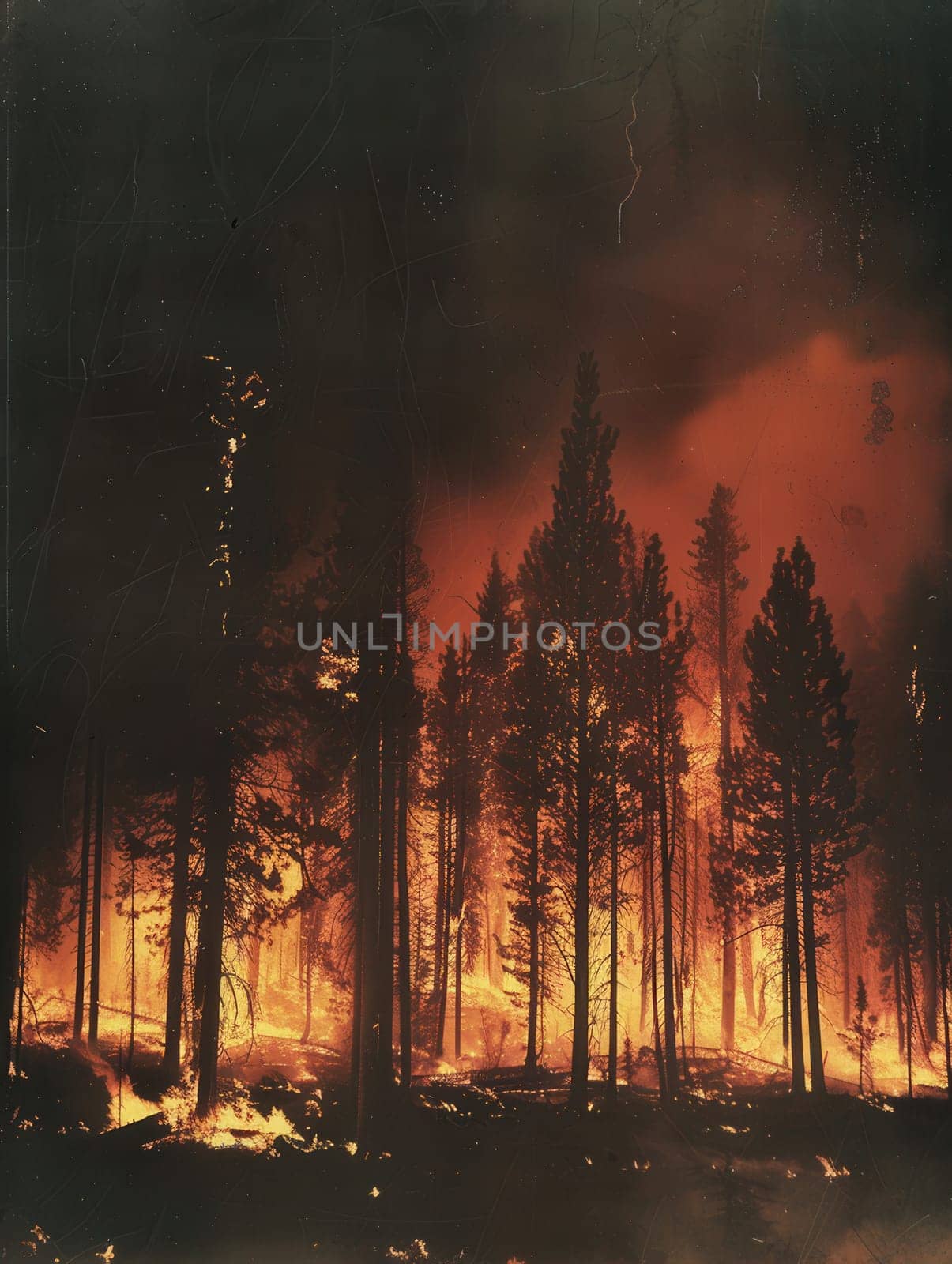 Flames engulf trees as a fierce forest fire rages, with thick smoke and ash rising dramatically into the evening sky.